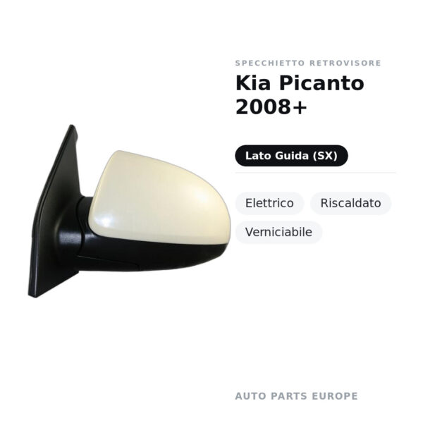 Specchietto Retrovisore Sinistro Kia Picanto 2008+ – Elettrico, Riscaldato, Verniciabile – foto 2