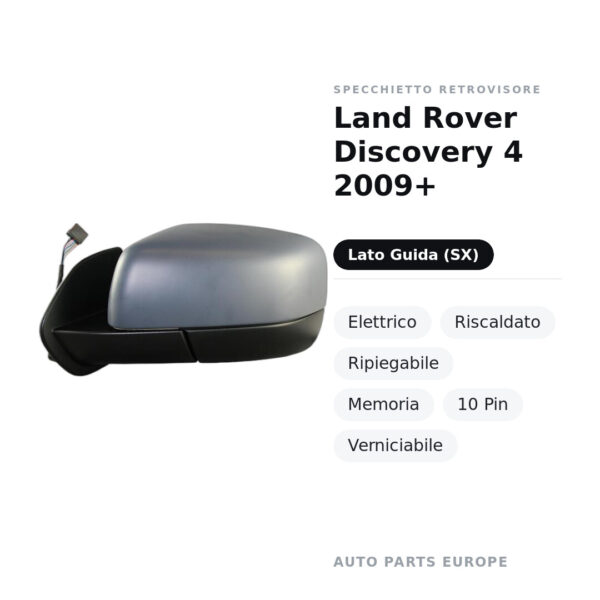 Specchietto Retrovisore Sinistro Land Rover Discovery 4 2009+ – Elettrico, Riscaldato, Ripiegabile, Memoria, 10 Pin