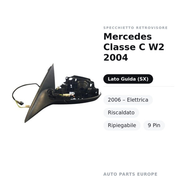Specchietto Retrovisore Sinistro Mercedes Classe C W2 2004-2006 – Elettrica, Riscaldato, Ripiegabile, 9 Pin – foto 2