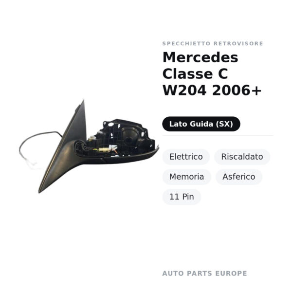 Specchietto Retrovisore Sinistro Mercedes Classe C W204 2006+ – Elettrico, Riscaldato, Memoria, Asferico, 11 Pin – foto 2