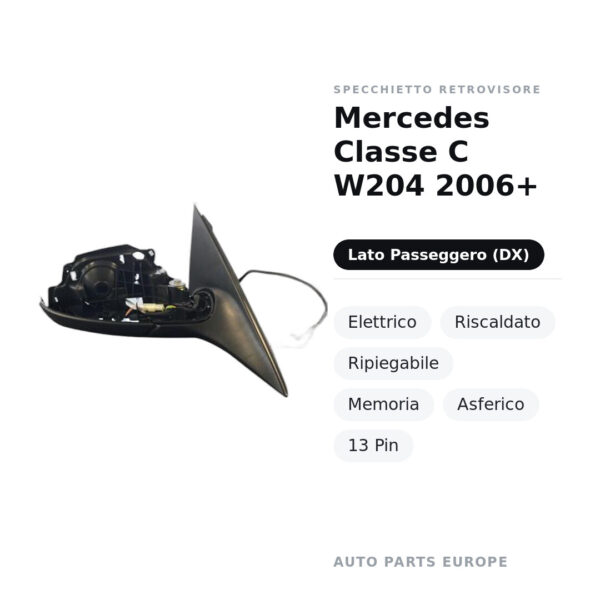 Specchietto Retrovisore Destro Mercedes Classe C W204 2006+ – Elettrico, Riscaldato, Ripiegabile, Memoria, Asferico, 13 Pin