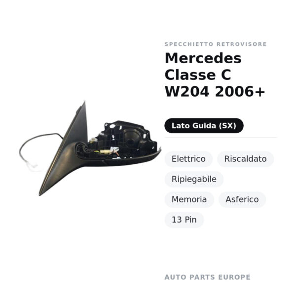 Außenspiegel Links Mercedes C-Klasse W204 2006+ – Elektrisch, Beheizt, Klappbar, Memory, Asphärisch, 13-polig – Bild 2
