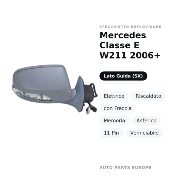Außenspiegel Links Mercedes Klasse E W211 2006+ – Elektrisch, Beheizt, mit Blinker, Memory, Asphärisch, 11-polig, Lackierbar