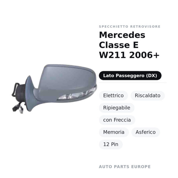 Specchietto Retrovisore Destro Mercedes Classe E W211 2006+ – Elettrico, Riscaldato, Ripiegabile, con Freccia, Memoria