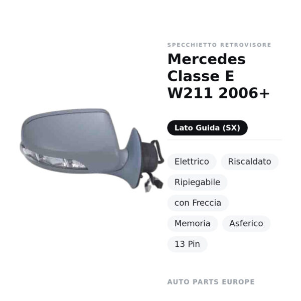 Specchietto Retrovisore Sinistro Mercedes Classe E W211 2006+ – Elettrico, Riscaldato, Ripiegabile, con Freccia, Memoria