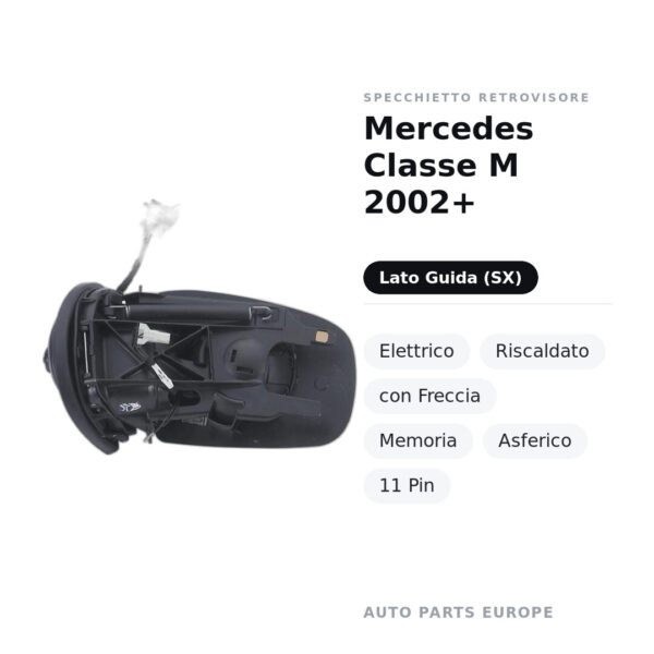 Specchietto Retrovisore Sinistro Mercedes Classe M 2002+ – Elettrico, Riscaldato, con Freccia, Memoria, Asferico, 11 Pin