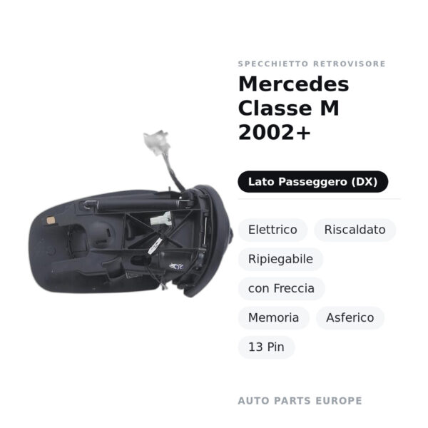 Außenspiegel Rechts Mercedes Klasse M 2002+ – Elektrisch, Beheizt, Klappbar, mit Blinker, Speicher, Asphärisch, 13 Pin