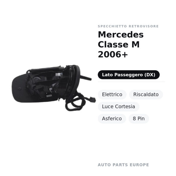 Specchietto Retrovisore Destro Mercedes Classe M 2006+ – Elettrico, Riscaldato, Luce Cortesia, Asferico, 8 Pin – foto 2