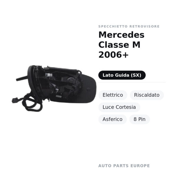 Specchietto Retrovisore Sinistro Mercedes Classe M 2006+ – Elettrico, Riscaldato, Luce Cortesia, Asferico, 8 Pin – foto 2