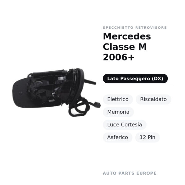 Specchietto Retrovisore Destro Mercedes Classe M 2006+ – Elettrico, Riscaldato, Memoria, Luce Cortesia, Asferico, 12 Pin