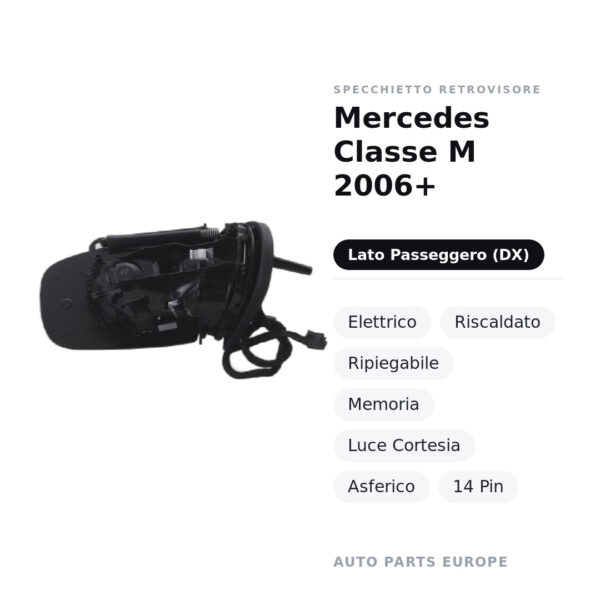 Specchietto Retrovisore Destro Mercedes Classe M 2006+ – Elettrico, Riscaldato, Ripiegabile, Memoria, Luce Cortesia
