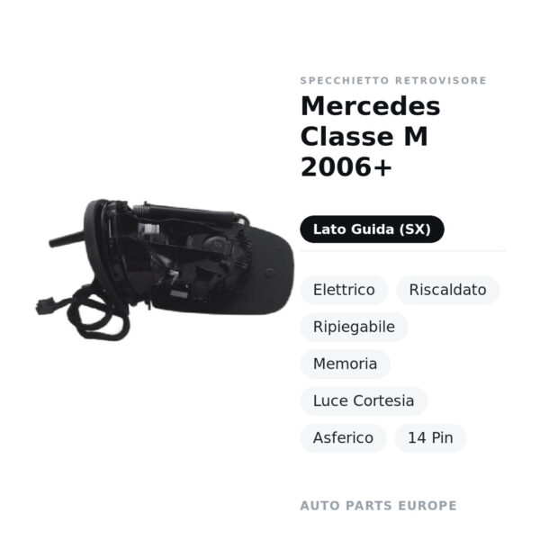 Außenspiegel Links Mercedes M-Klasse 2006+ – Elektrisch, Beheizt, Klappbar, Speicher, Courtesylicht, Asphärisch, 14-polig