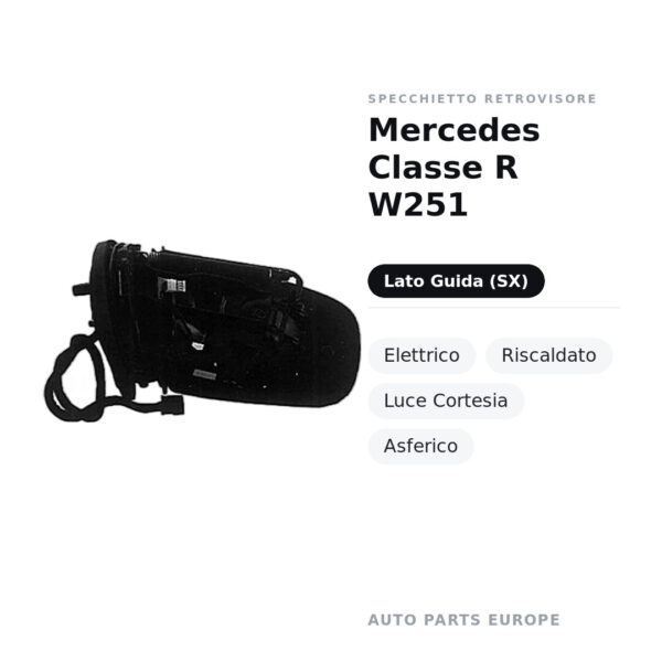 Specchietto Retrovisore Sinistro Mercedes Classe R W251 – Elettrico, Riscaldato, Luce Cortesia, Asferico – foto 2