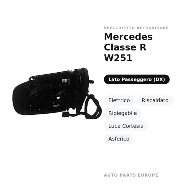 Specchietto Retrovisore Destro Mercedes Classe R W251 – Elettrico, Riscaldato, Ripiegabile, Luce Cortesia, Asferico – foto 2