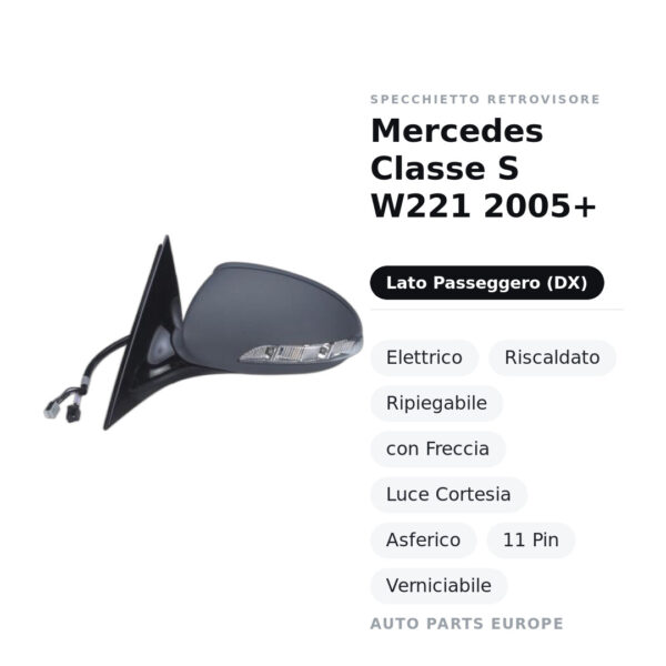 Außenspiegel Rechts Mercedes Klasse S W221 2005+ – Elektrisch, Beheizt, Klappbar, mit Blinker, Courtesy Light, Asphärisch