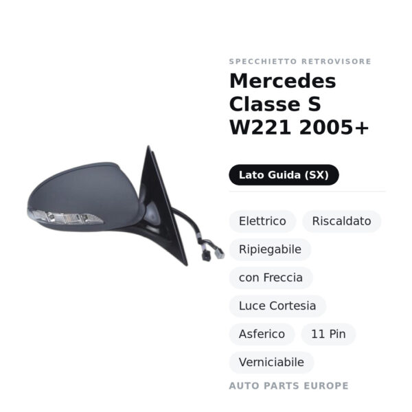 Specchietto Retrovisore Sinistro Mercedes Classe S W221 2005+ – Elettrico, Riscaldato, Ripiegabile, con Freccia, Luce