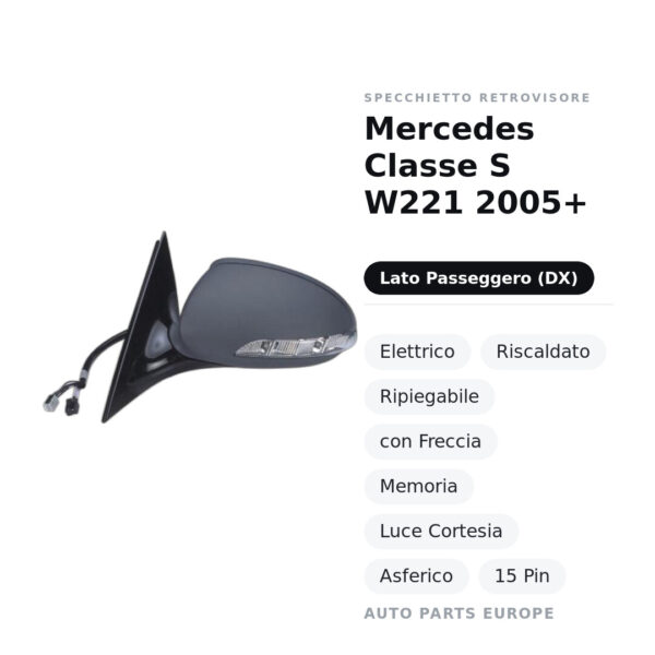 Außenspiegel Rechts Mercedes Klasse S W221 2005+ – Elektrisch, Beheizt, Klappbar, mit Blinker, Memory, Innenleuchte
