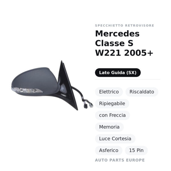 Außenspiegel Links Mercedes Klasse S W221 2005+ – Elektrisch, Beheizt, Klappbar, mit Blinker, Memory, Innenleuchte