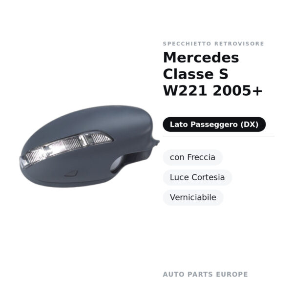 Calotta Specchietto Retrovisore Destro Mercedes Classe S W221 2005+ – Verniciabile, con foro fanale freccia, con luce di