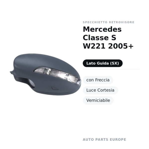 Calotta Specchietto Retrovisore Sinistro Mercedes Classe S W221 2005+ – Verniciabile, con foro fanale freccia, con luce di
