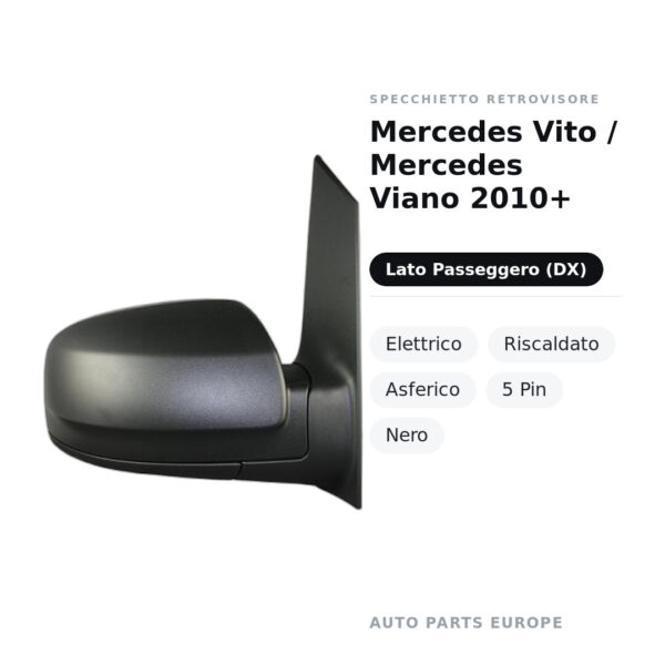 Specchietto Retrovisore Destro Mercedes Vito / Mercedes Viano 2010+ – Elettrico, Riscaldato, Asferico, 5 Pin, Nero – foto 2