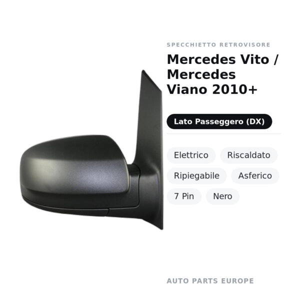 Außenspiegel Rechts Mercedes Vito / Mercedes Viano 2010+ – Elektrisch, Beheizt, Klappbar, Asphärisch, 7 Pin, Schwarz – Bild 2