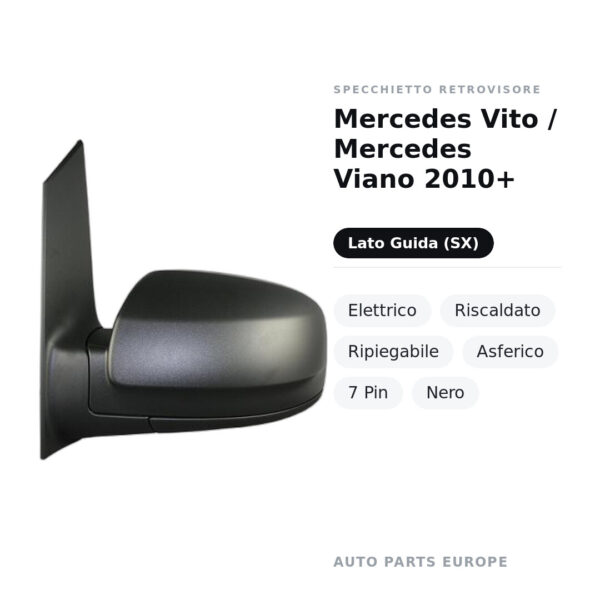 Außenspiegel Links Mercedes Vito / Mercedes Viano 2010+ – Elektrisch, Beheizt, Klappbar, Asphärisch, 7-polig, Schwarz – Bild