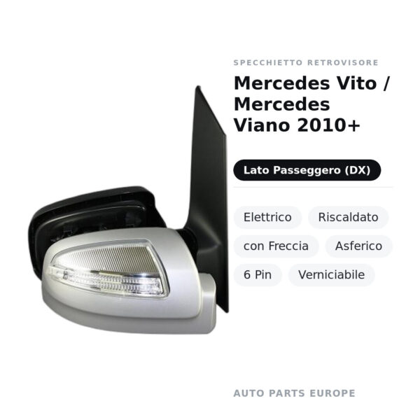 Specchietto Retrovisore Destro Mercedes Vito / Mercedes Viano 2010+ – Elettrico, Riscaldato, con Freccia, Asferico, 6 Pin