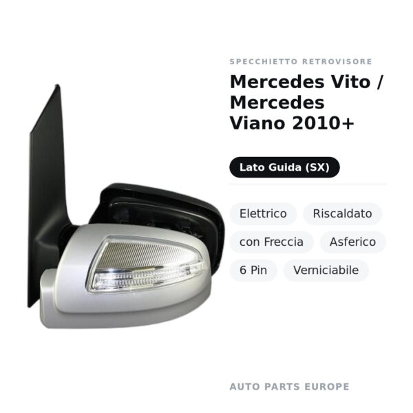 Außenspiegel Links Mercedes Vito / Mercedes Viano 2010+ – Elektrisch, Beheizt, mit Blinker, Asphärisch, 6-polig, Lackierbar