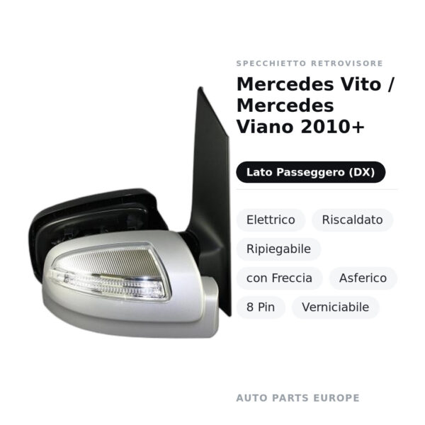 Außenspiegel Rechts Mercedes Vito / Mercedes Viano 2010+ – Elektrisch, Beheizt, Klappbar, mit Blinker, Asphärisch, 8 Pin