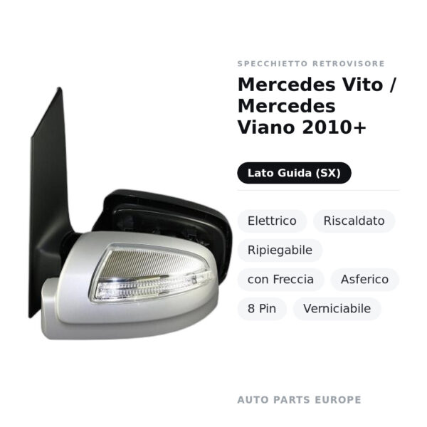 Specchietto Retrovisore Sinistro Mercedes Vito / Mercedes Viano 2010+ – Elettrico, Riscaldato, Ripiegabile, con Freccia