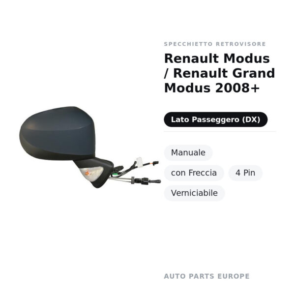 Außenspiegel Rechts Renault Modus / Renault Grand Modus 2008+ – Manuell, mit Blinkleuchte, 4-polig, Lackierbar – Bild 2
