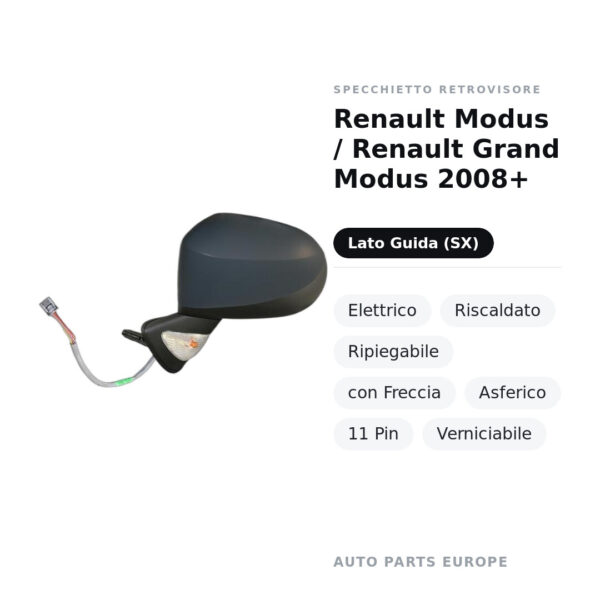 Außenspiegel Links Renault Modus / Renault Grand Modus 2008+ – Elektrisch, Beheizt, Klappbar, mit Blinker, Asphärisch