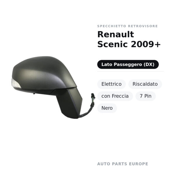 Specchietto Retrovisore Destro Renault Scenic 2009+ – Elettrico, Riscaldato, con Freccia, 7 Pin, Nero – foto 2