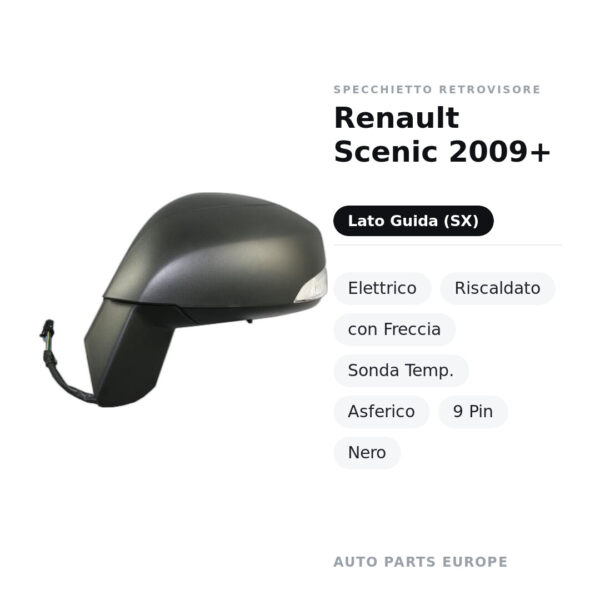 Außenspiegel Links Renault Scenic 2009+ – Elektrisch, Beheizbar, mit Blinker, Temperatursensor, Asphärisch, 9 Pol, Schwarz
