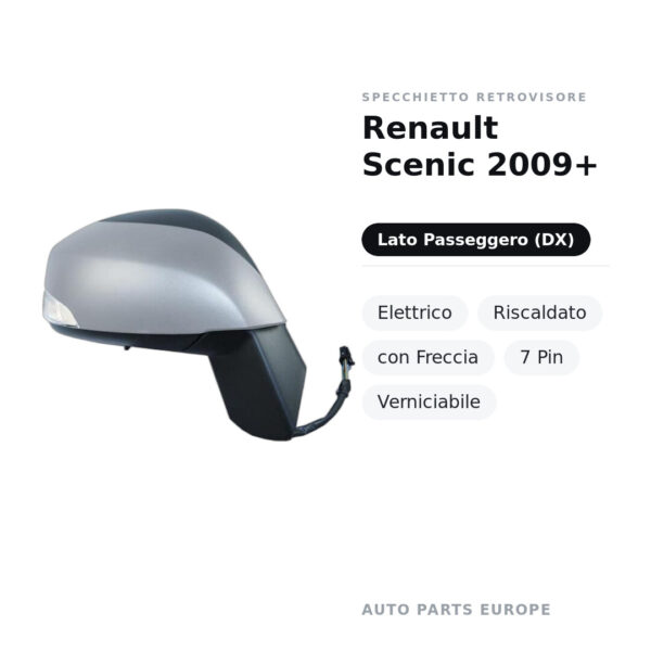 Specchietto Retrovisore Destro Renault Scenic 2009+ – Elettrico, Riscaldato, con Freccia, 7 Pin, Verniciabile – foto 2