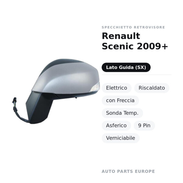 Außenspiegel Links Renault Scenic 2009+ – Elektrisch, Beheizt, mit Blinker, Temperatursensor, Asphärisch, 9-polig