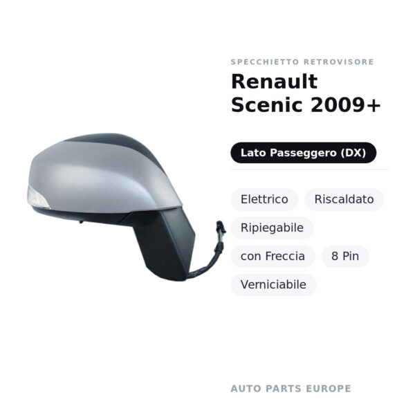 Specchietto Retrovisore Destro Renault Scenic 2009+ – Elettrico, Riscaldato, Ripiegabile, con Freccia, 8 Pin, Verniciabile
