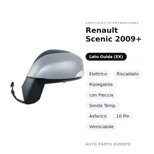 Außenspiegel Links Renault Scenic 2009+ – Elektrisch, Beheizt, Klappbar, mit Blinkleuchte, Temperatursensor, Asphärisch