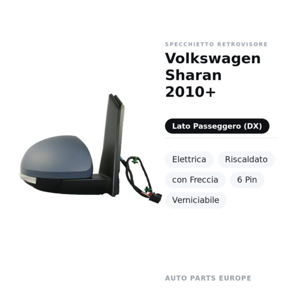 Specchietto Retrovisore Destro Volkswagen Sharan 2010+ – Elettrica, Riscaldato, con Freccia, 6 Pin, Verniciabile – foto 2