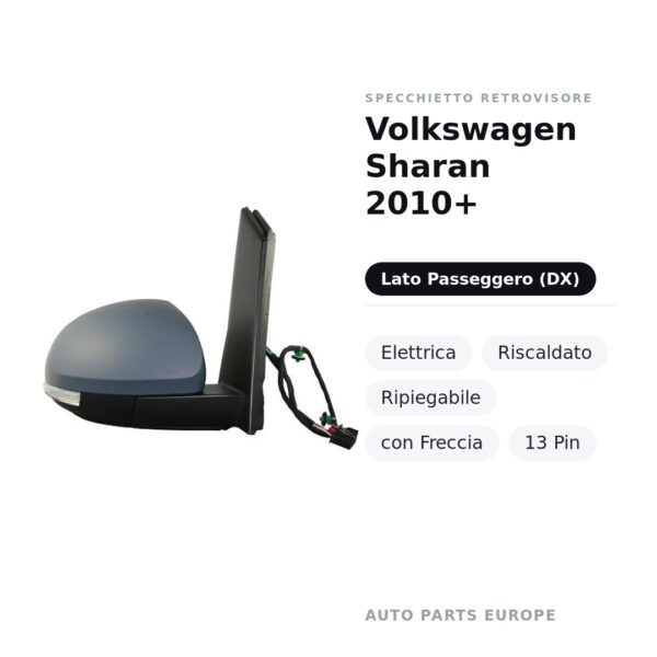 Specchietto Retrovisore Destro Volkswagen Sharan 2010+ – Elettrica, Riscaldato, Ripiegabile, con Freccia, 13 Pin – foto 2