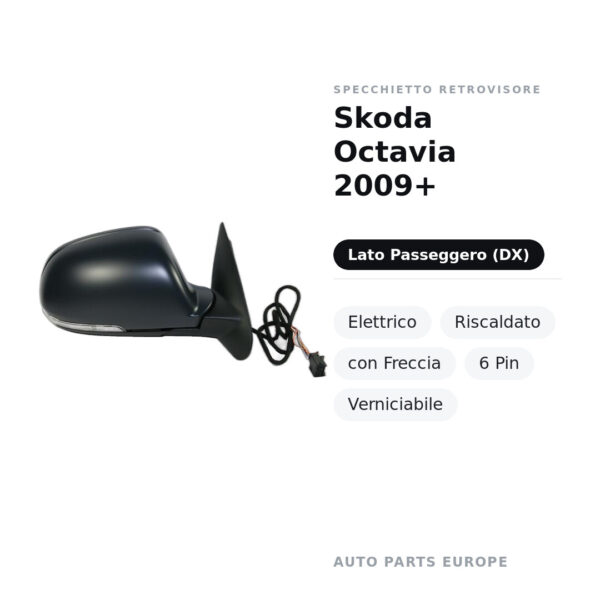 Außenspiegel Rechts Skoda Octavia 2009+ – Elektrisch, Beheizt, mit Blinker, 6 Pin, Lackierbar – Bild 2