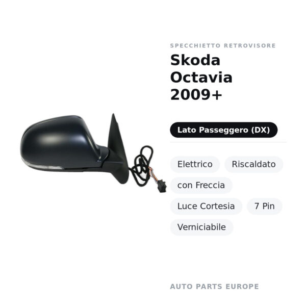 Specchietto Retrovisore Destro Skoda Octavia 2009+ – Elettrico, Riscaldato, con Freccia, Luce Cortesia, 7 Pin, Verniciabile