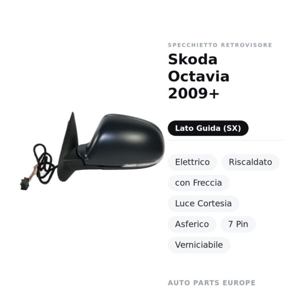 Specchietto Retrovisore Sinistro Skoda Octavia 2009+ – Elettrico, Riscaldato, con Freccia, Luce Cortesia, Asferico, 7 Pin