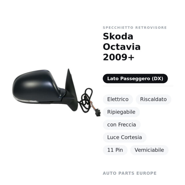 Specchietto Retrovisore Destro Skoda Octavia 2009+ – Elettrico, Riscaldato, Ripiegabile, con Freccia, Luce Cortesia, 11 Pin