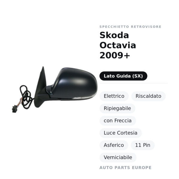 Außenspiegel Links Skoda Octavia 2009+ – Elektrisch, Beheizt, Klappbar, mit Blinkleuchte, Innenleuchte, Asphärisch