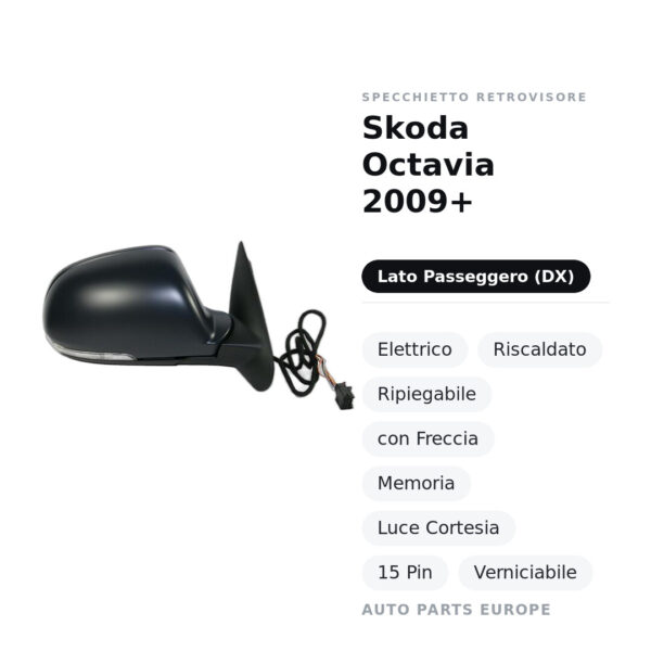 Außenspiegel Rechts Skoda Octavia 2009+ – Elektrisch, Beheizt, Klappbar, mit Blinker, Speicherfunktion, Leseleuchte