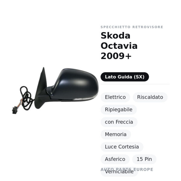 Außenspiegel Links Skoda Octavia 2009+ – Elektrisch, Beheizbar, Klappbar, mit Blinker, Speicher, Umgebungslicht, Asphärisch
