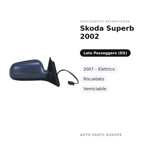 Außenspiegel Rechts Skoda Superb 2002-2007 – Elektrisch, Beheizt, Lackierbar – Bild 2