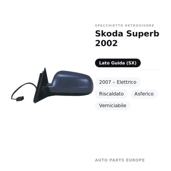 Specchietto Retrovisore Sinistro Skoda Superb 2002-2007 – Elettrico, Riscaldato, Asferico, Verniciabile – foto 2
